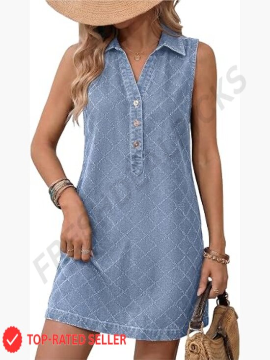 Dresses & Skirts - Denim Mini Dress Sleeveless V Neck Button Front Casual Shift with Pockets